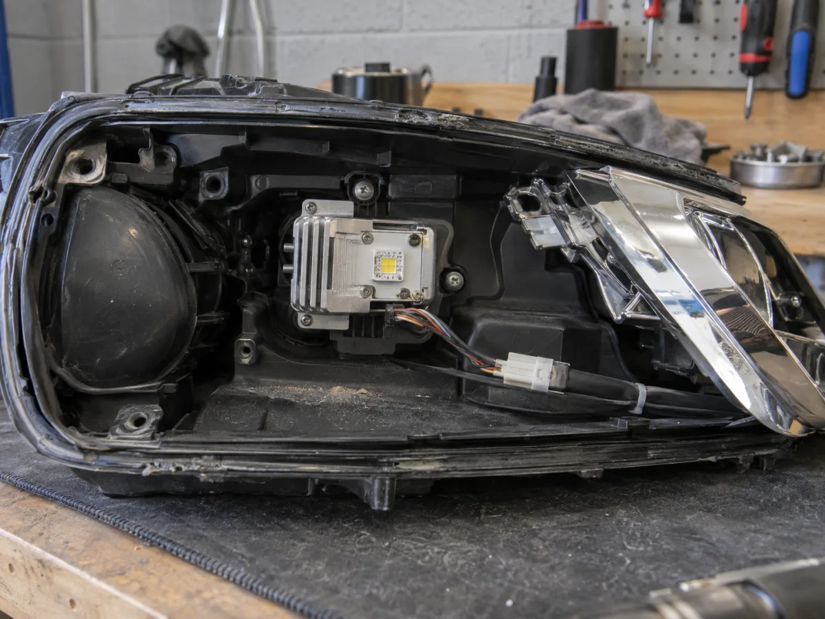 LED module and wiring visible inside an opened headlight housing