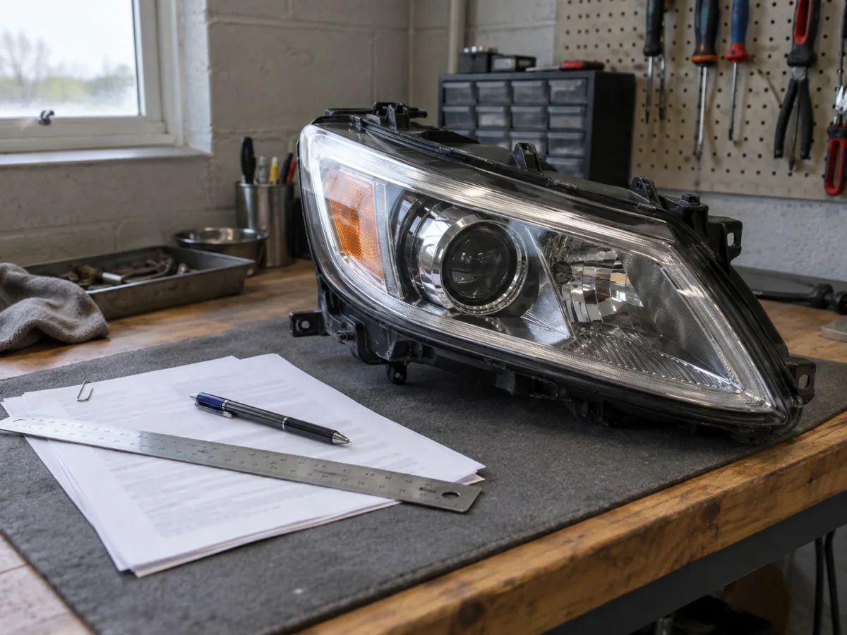 Printed repair quote and warranty terms next to a repaired car headlight