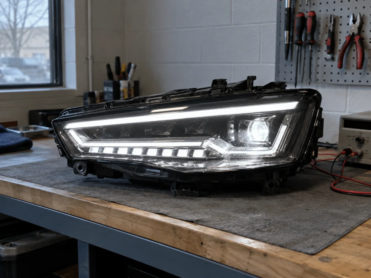Faro LED de un auto de gama alta encendido, visto de frente