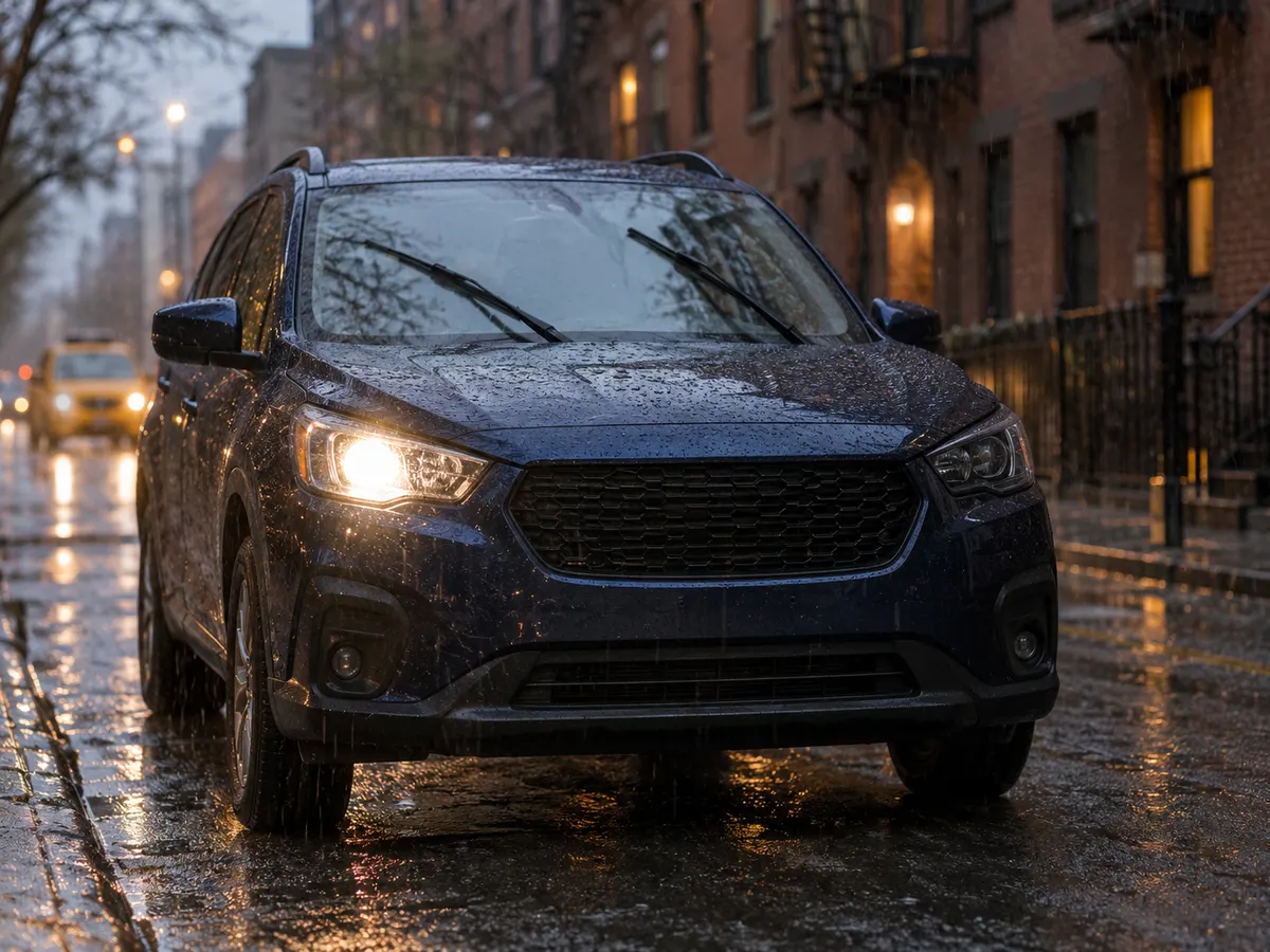 Camioneta compacta en una calle de Nueva York con lluvia, los limpiaparabrisas prendidos y el faro izquierdo apagado