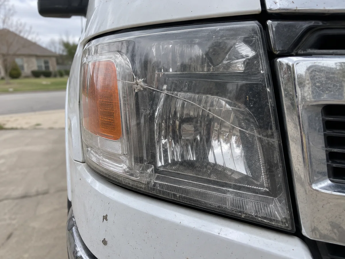 Close-up of a cracked headlight lens on a pickup, with the housing still in place