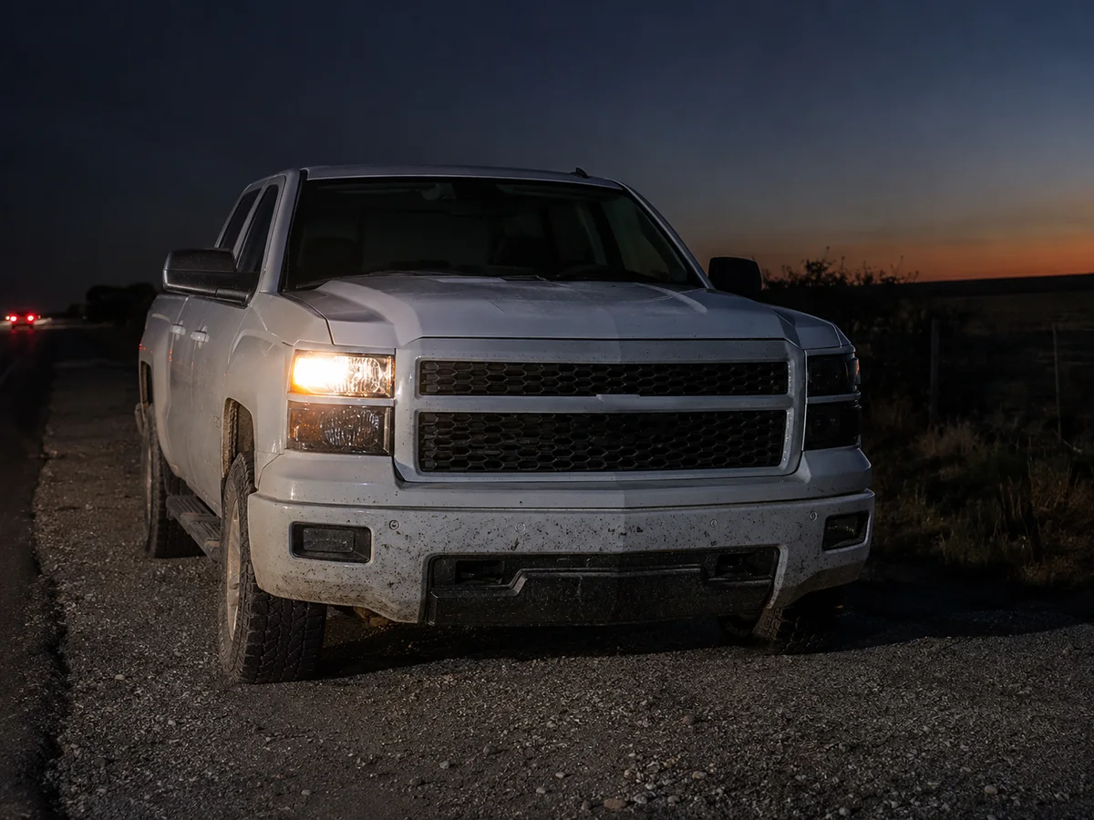 Pickup truck at night on a Texas highway shoulder with its driver side headlight dark