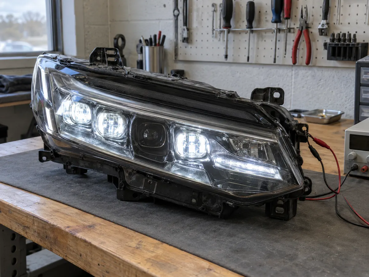 Factory LED headlight lit on a bench, with one LED section and the daytime strip dark