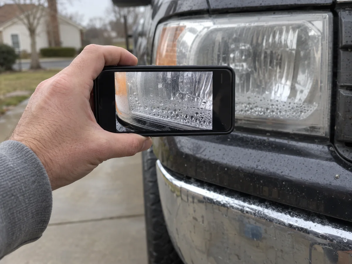 Phone taking a close-up photo of water droplets inside a car headlight for a repair quote