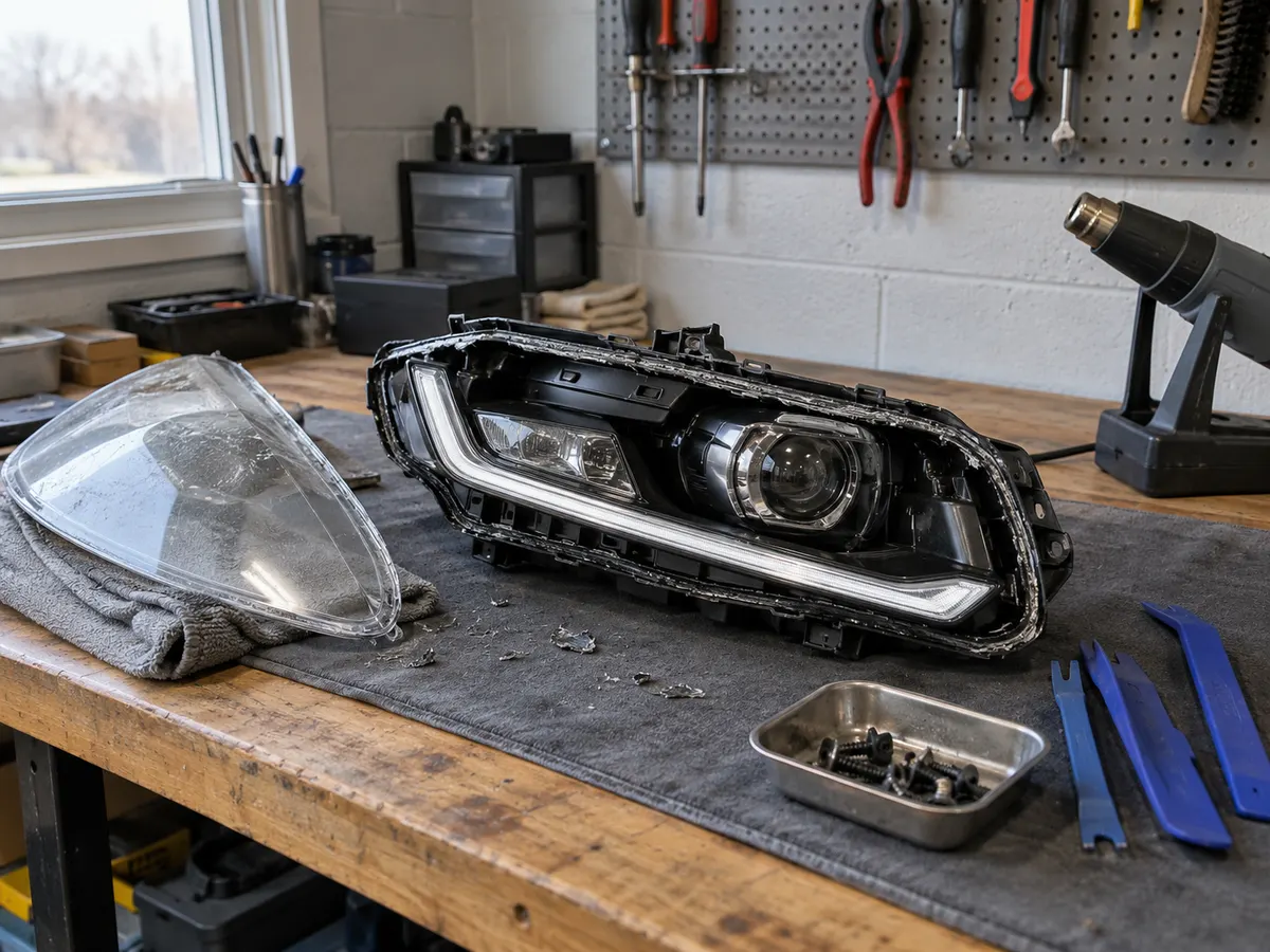 LED headlight removed from a car and opened on a workbench, with the lens set aside