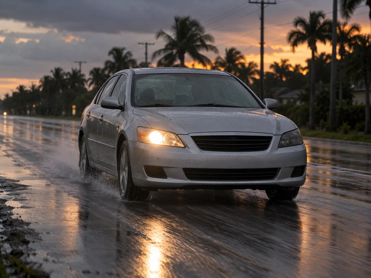Sedán en una calle mojada de Florida al atardecer, con solo el faro del lado del pasajero prendido