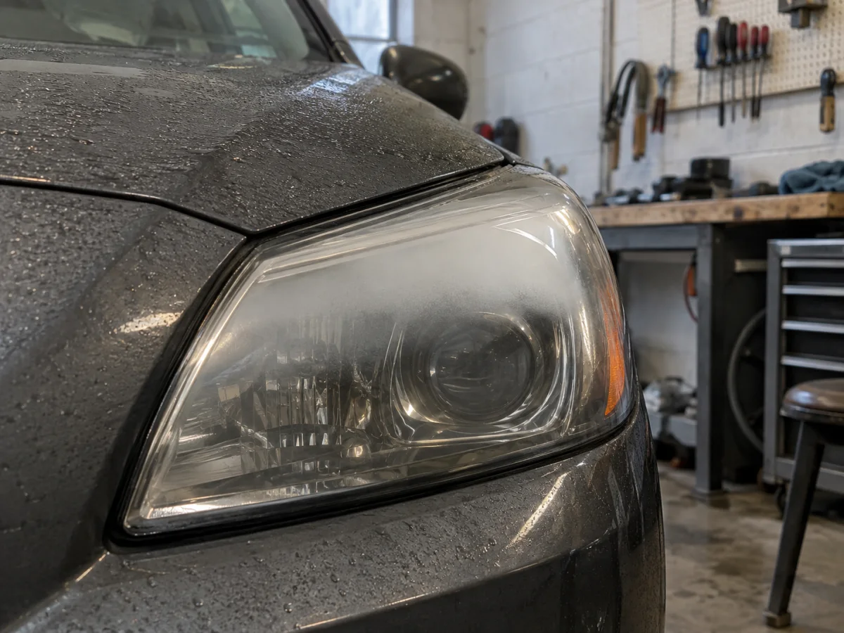 Light mist on the inner surface of a car headlight lens on a cool morning