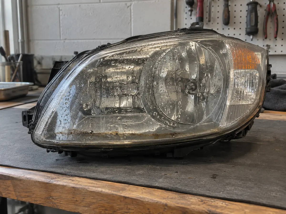 Large water droplets and dried residue along the bottom of a headlight housing