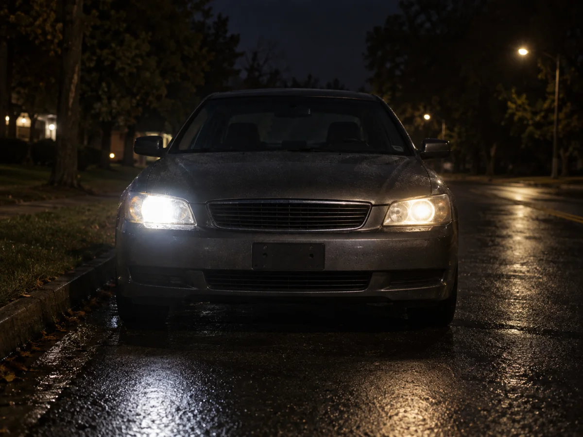 Car on a dark road at night with one headlight bright and the other dim