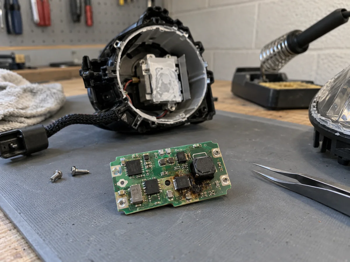 Close-up of an LED driver board with a burnt spot, taken out of a headlight housing