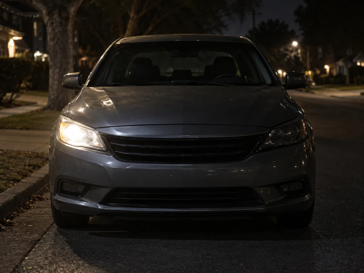 Car at night with the left headlight lit and the right headlight dark