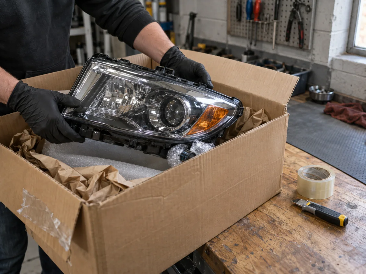 Removed headlight wrapped in padding inside a shipping box