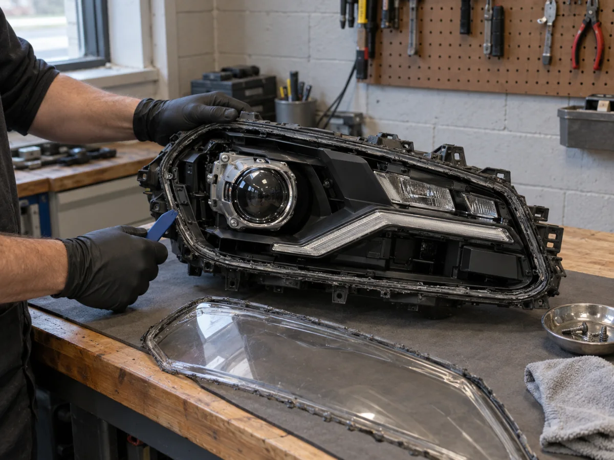Opened headlight housing with the lens removed and the inner parts exposed