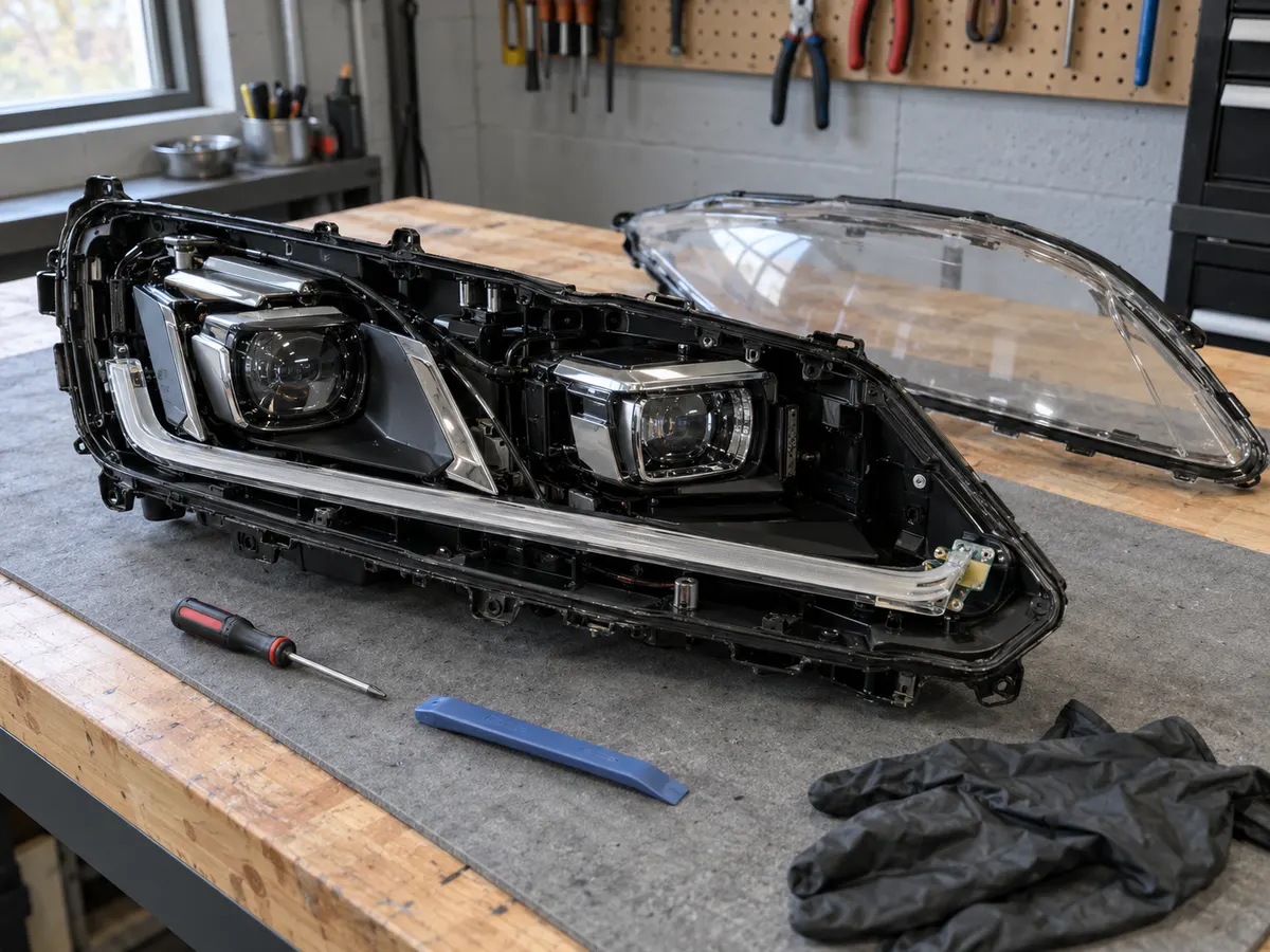 Factory LED headlight opened on a bench, with the dark DRL strip exposed