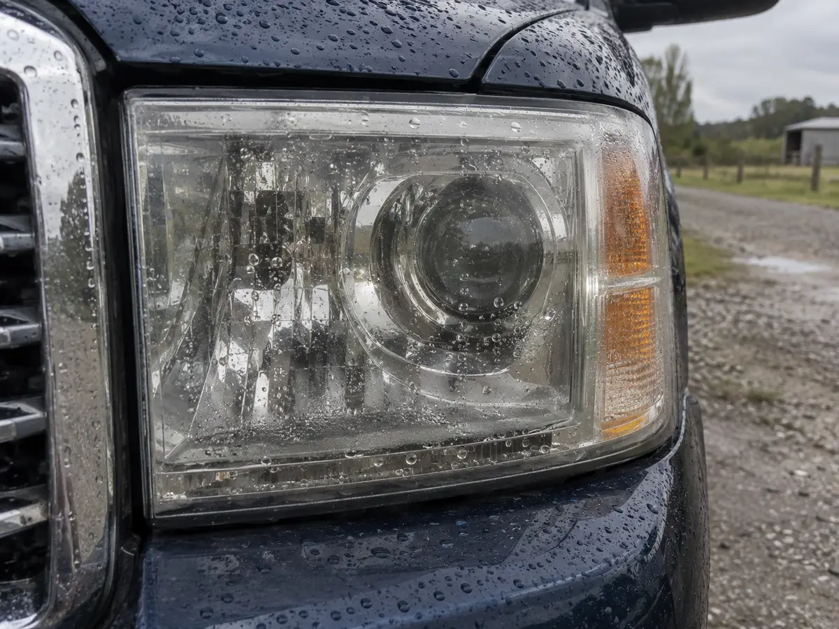 Water droplets inside the lens of a pickup truck headlight that is otherwise intact