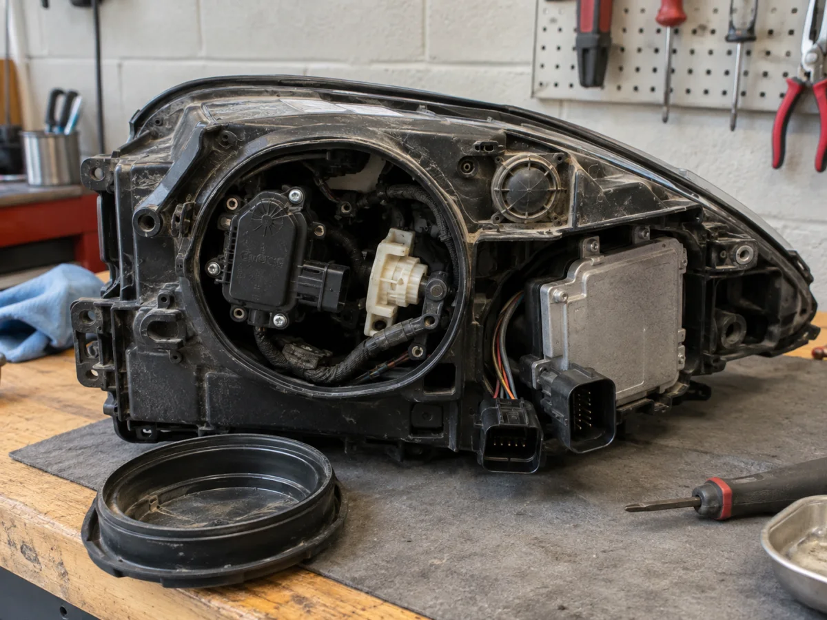 Back of an adaptive headlight with the swivel motor and control module connectors exposed