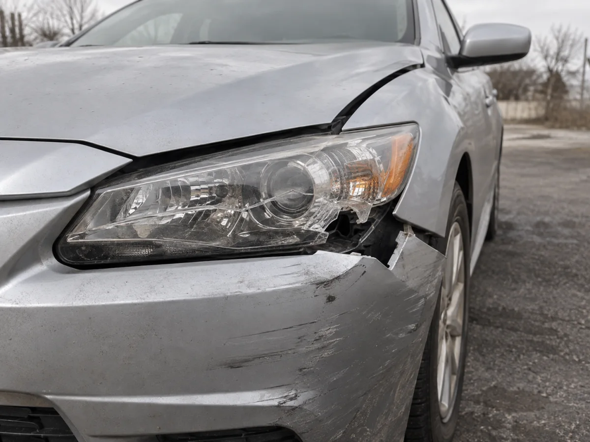 Front view of a car headlight with a cracked lens and a chipped corner after a minor collision