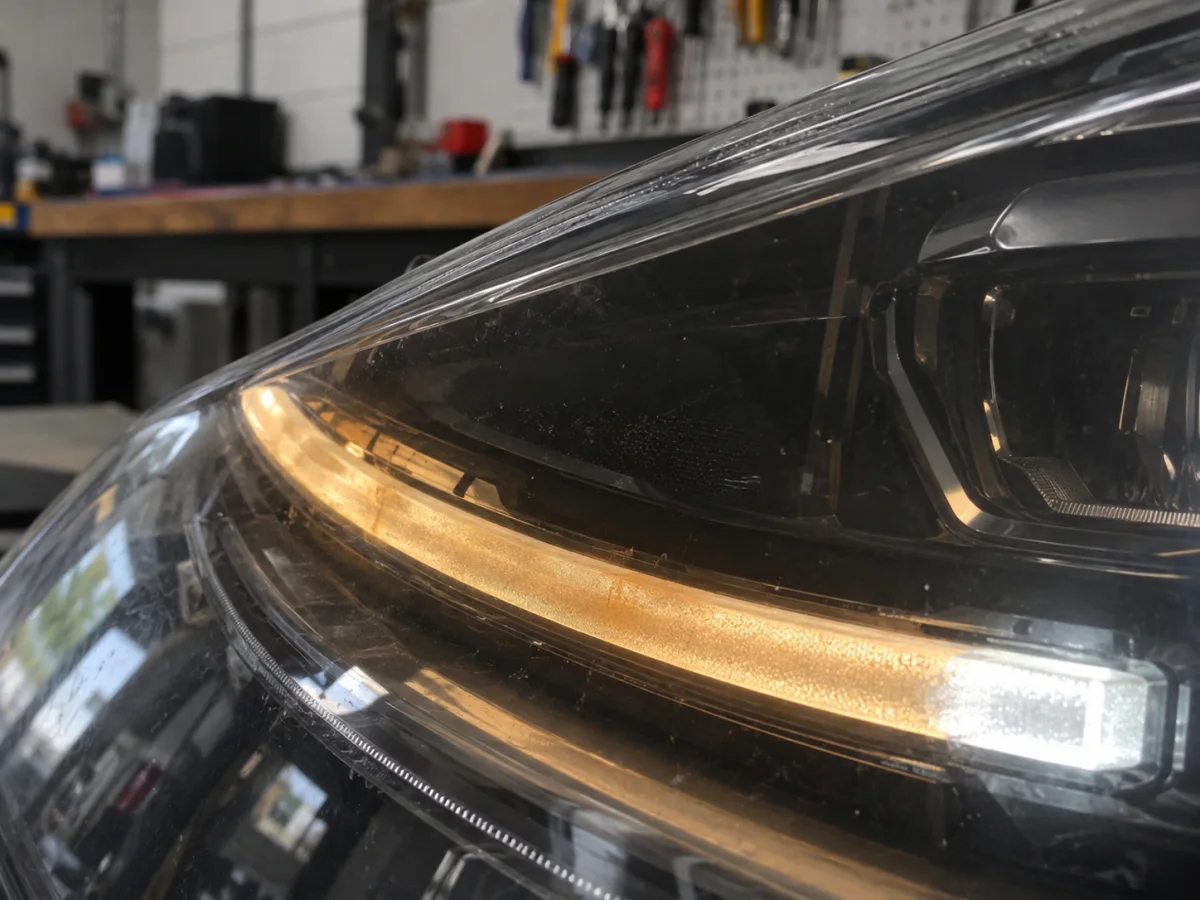 Close view of a daytime running light guide inside a headlight that has turned yellow with age