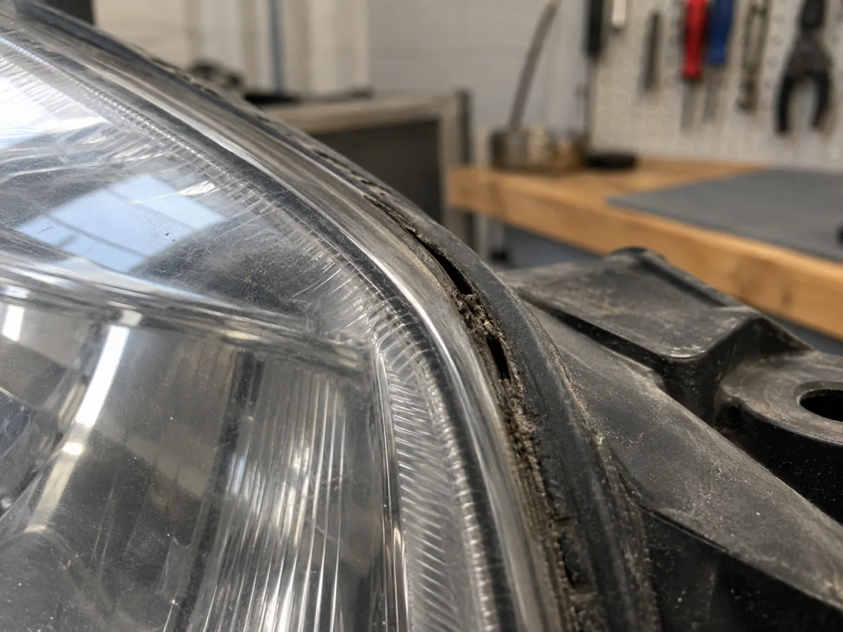 Edge of a headlight where the lens meets the housing, with a gap in the old seal