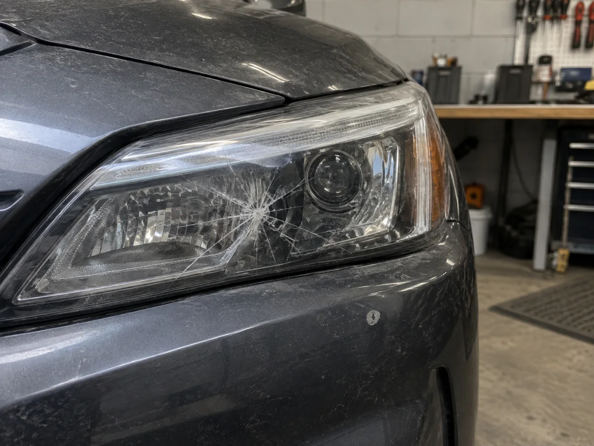 Car headlight with a cracked outer plastic lens after a stone impact