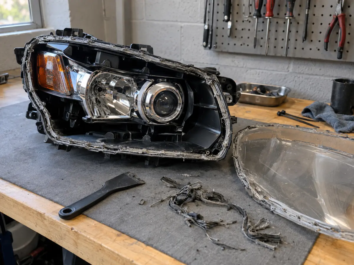Headlight housing with the lens removed, showing the sealant channel around the edge