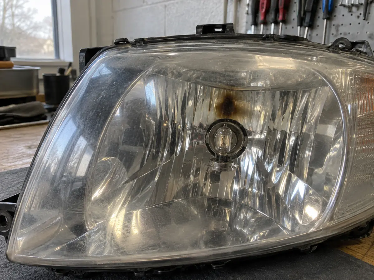 Inside of a headlight with a darkened, burned patch on the reflector above the bulb