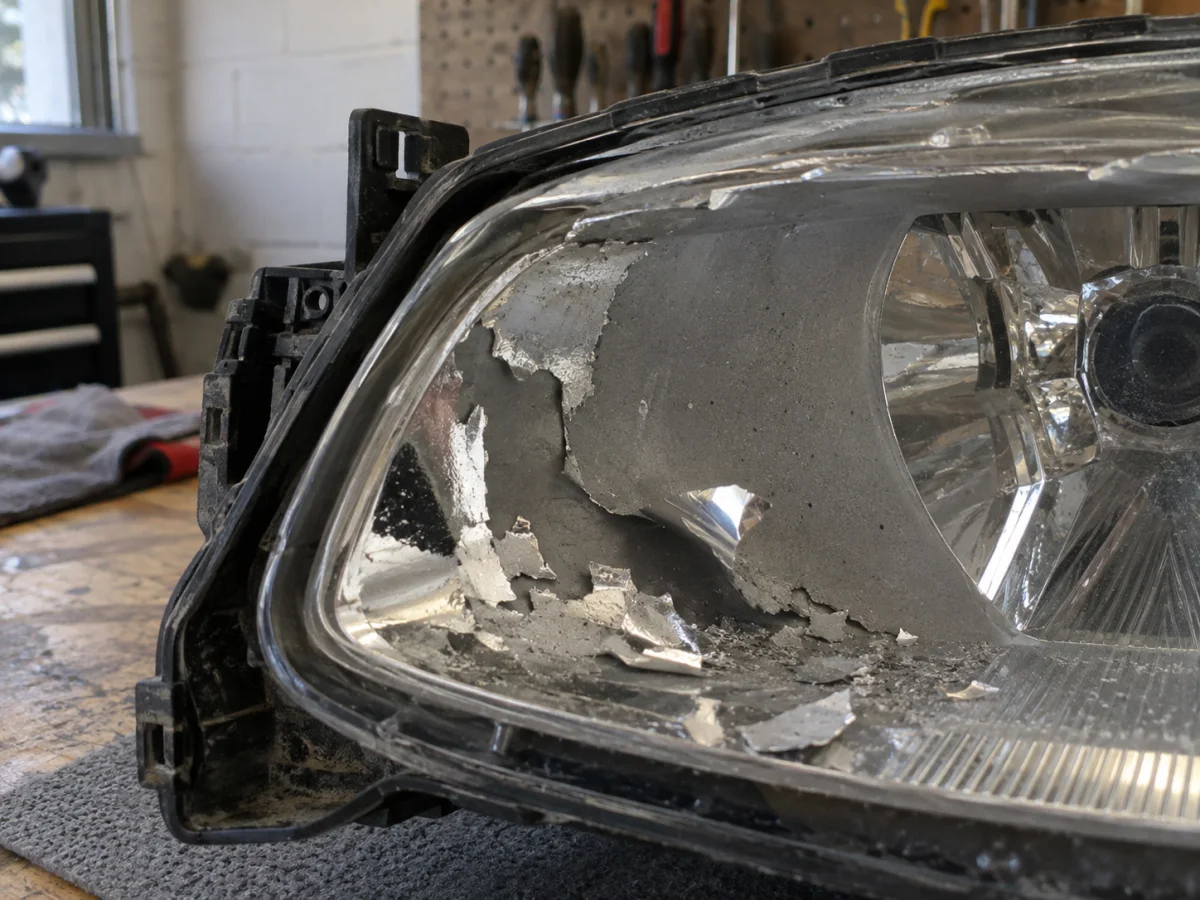 Close view of a headlight reflector with its silver coating peeling away in flakes