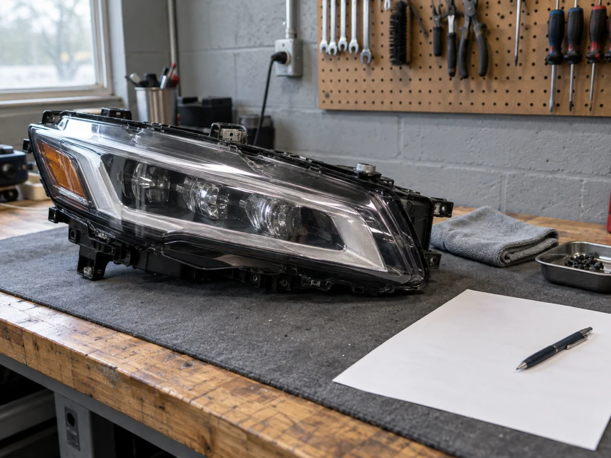 A repaired factory headlight, resealed, on a workbench beside a sheet of paper and a pen