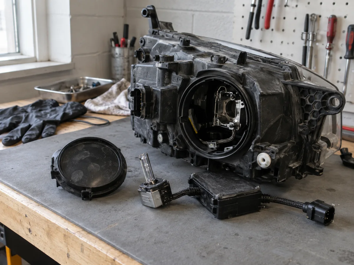 Xenon bulb and igniter removed from the back of a projector headlight