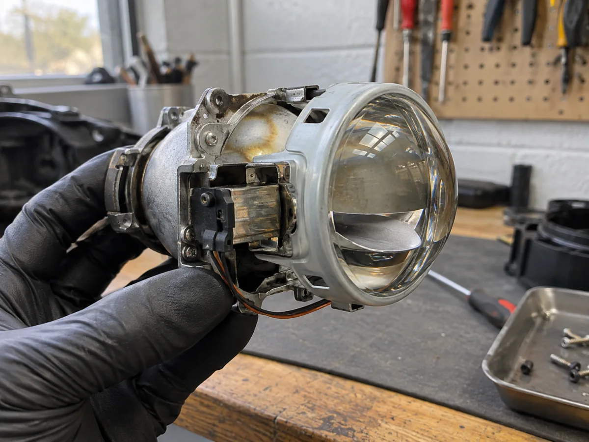 Bi-xenon projector taken out of a headlight, with its shutter mechanism visible