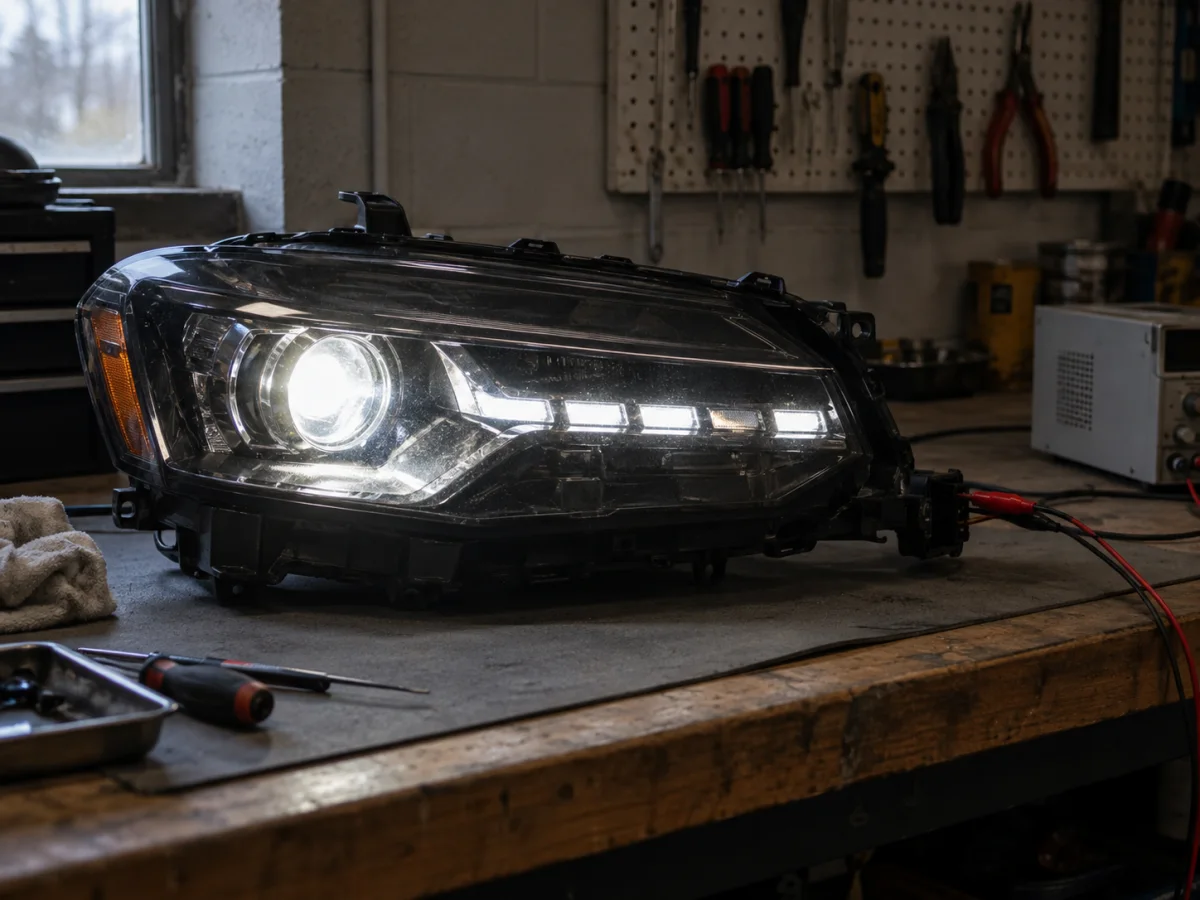 Factory LED headlight with its projector and LED segments lit, one segment dimmer than the rest