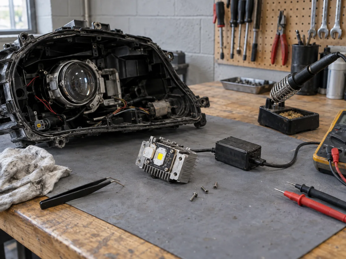 LED circuit board and driver removed from the inside of a car headlight