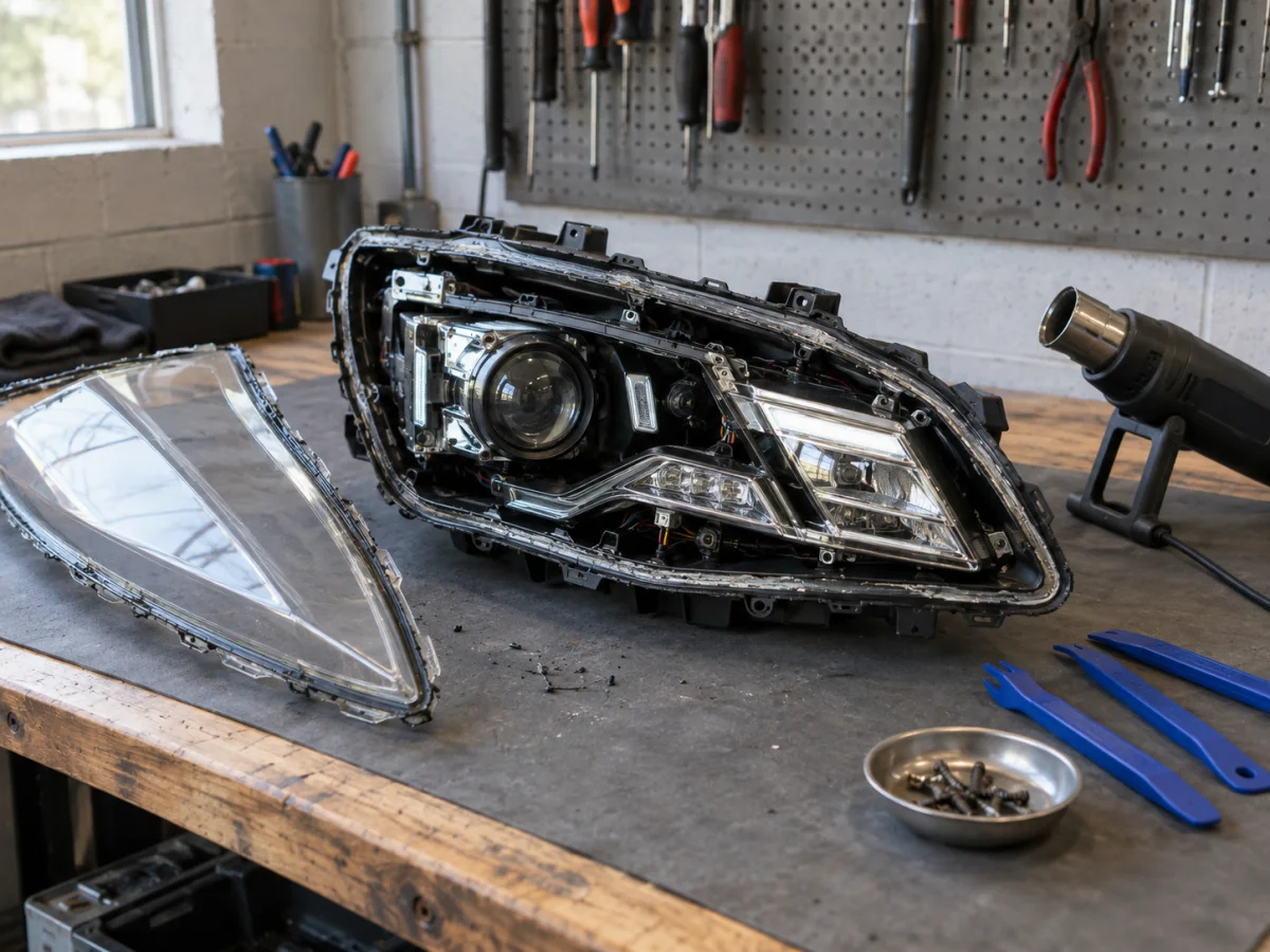 An opened headlight housing on a workbench with the lens removed for repair