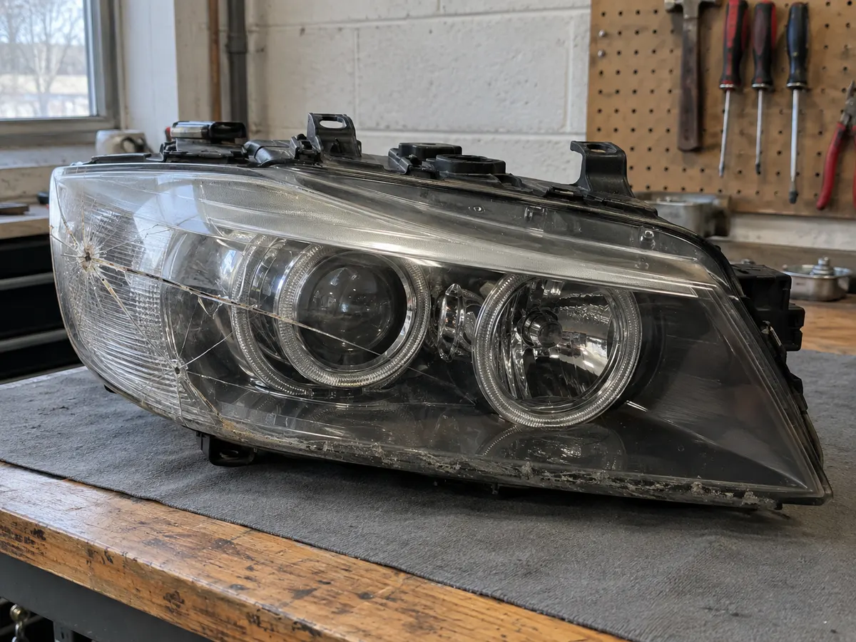 Cracked outer lens on a BMW 3 Series headlight before a new lens goes on