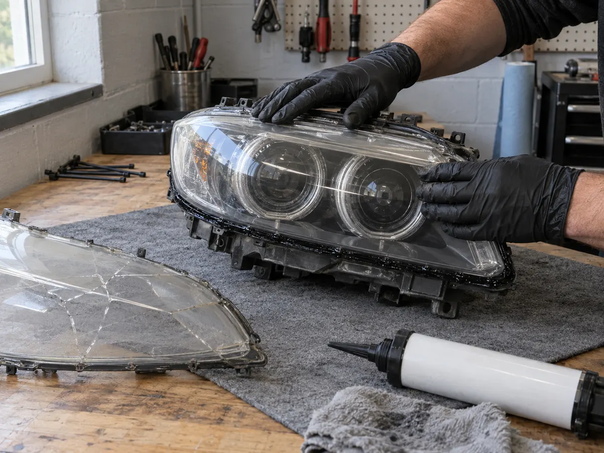 New clear lens being sealed onto the original housing of a BMW headlight on a workbench
