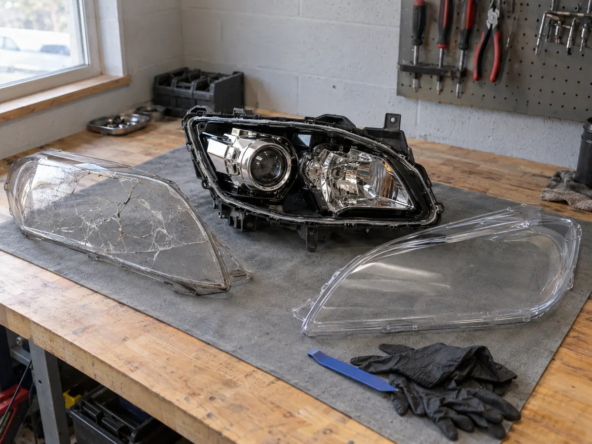 Headlight on a workbench with the cracked cover removed and a new clear lens beside it
