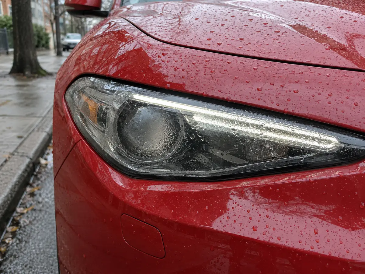 Water droplets behind the lens of the left headlight of an Alfa Romeo Giulia