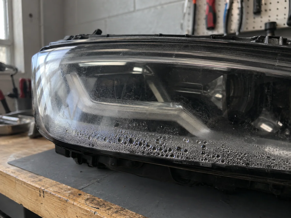 Close view of condensation droplets inside the lens of an A4 B9 headlight