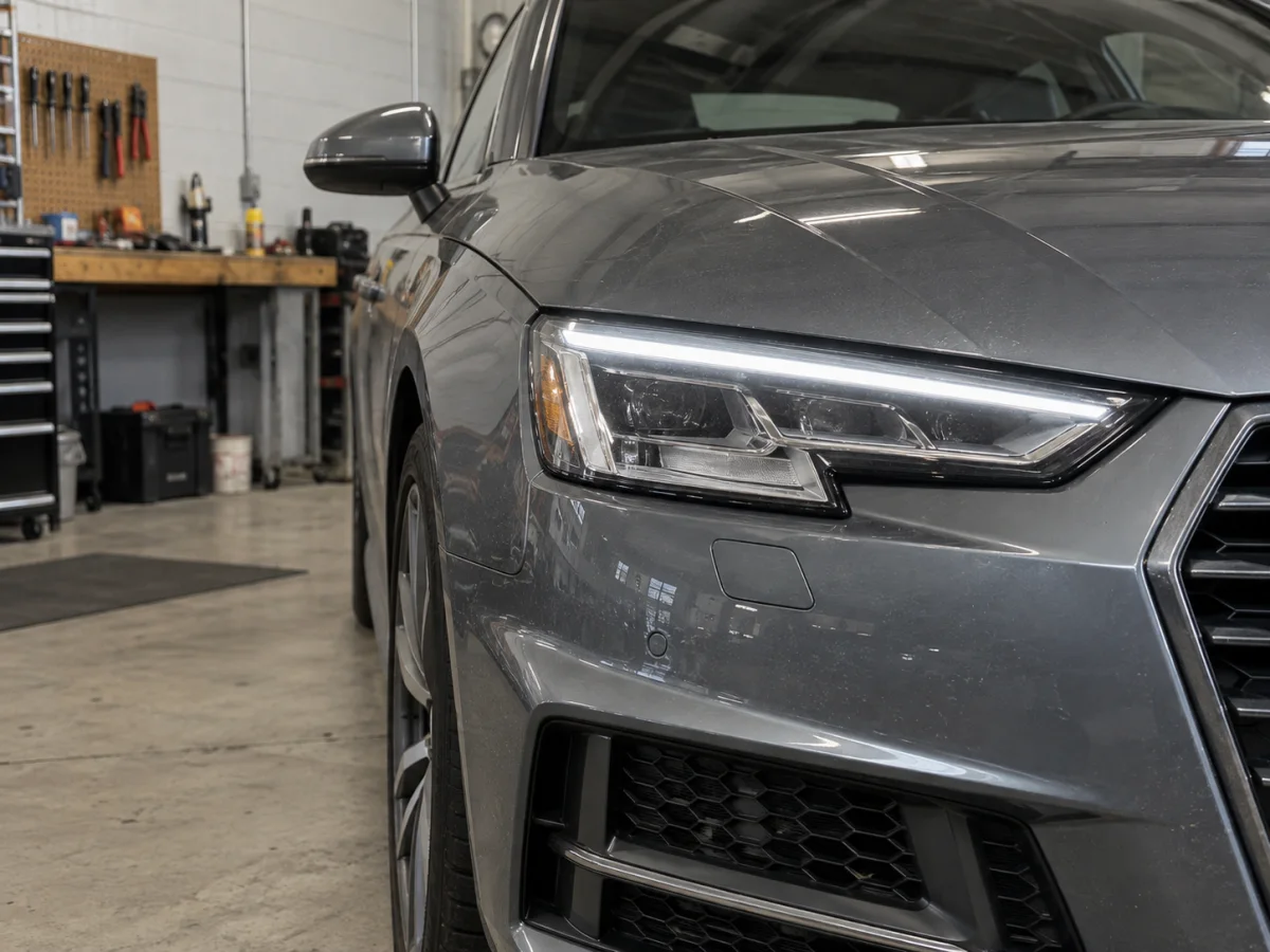 Audi LED headlight with its daytime running light strip lit, seen from the front of the car