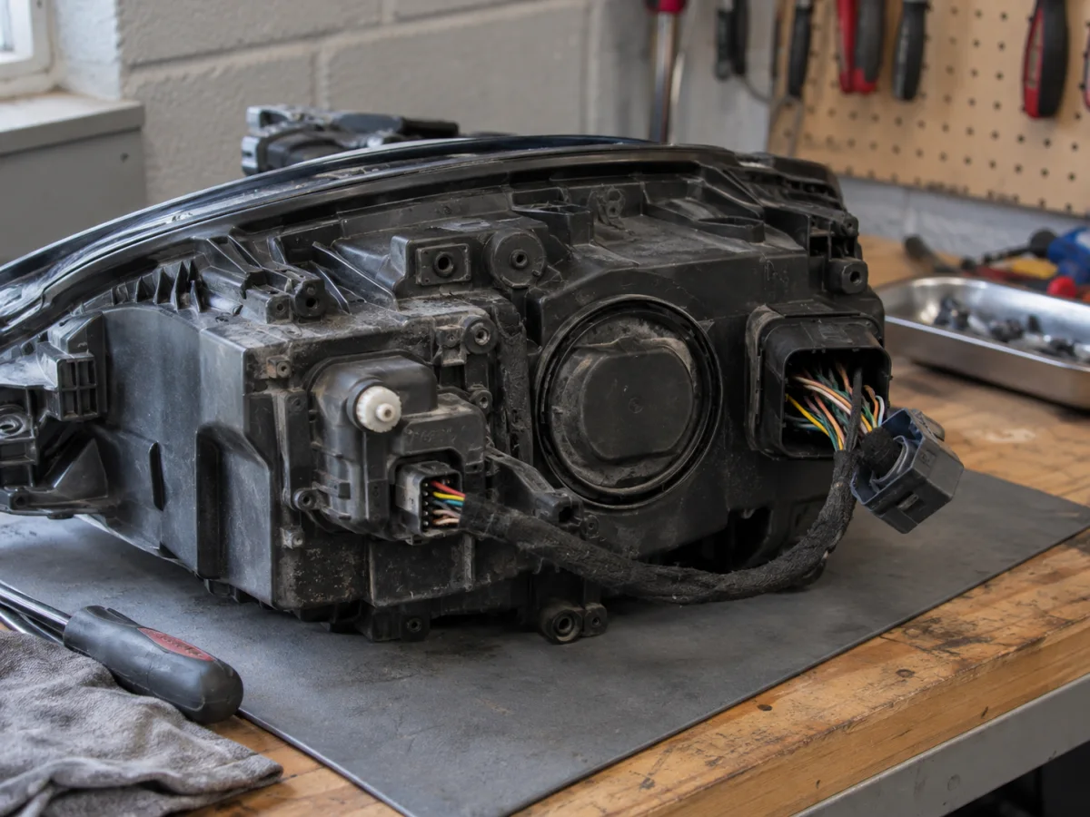 Rear of an Audi headlight housing with the leveling motor and its wiring connector