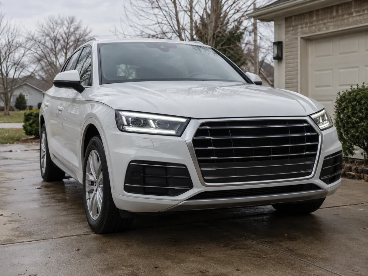 Front of an Audi Q5 with its LED daytime running light on in the headlight