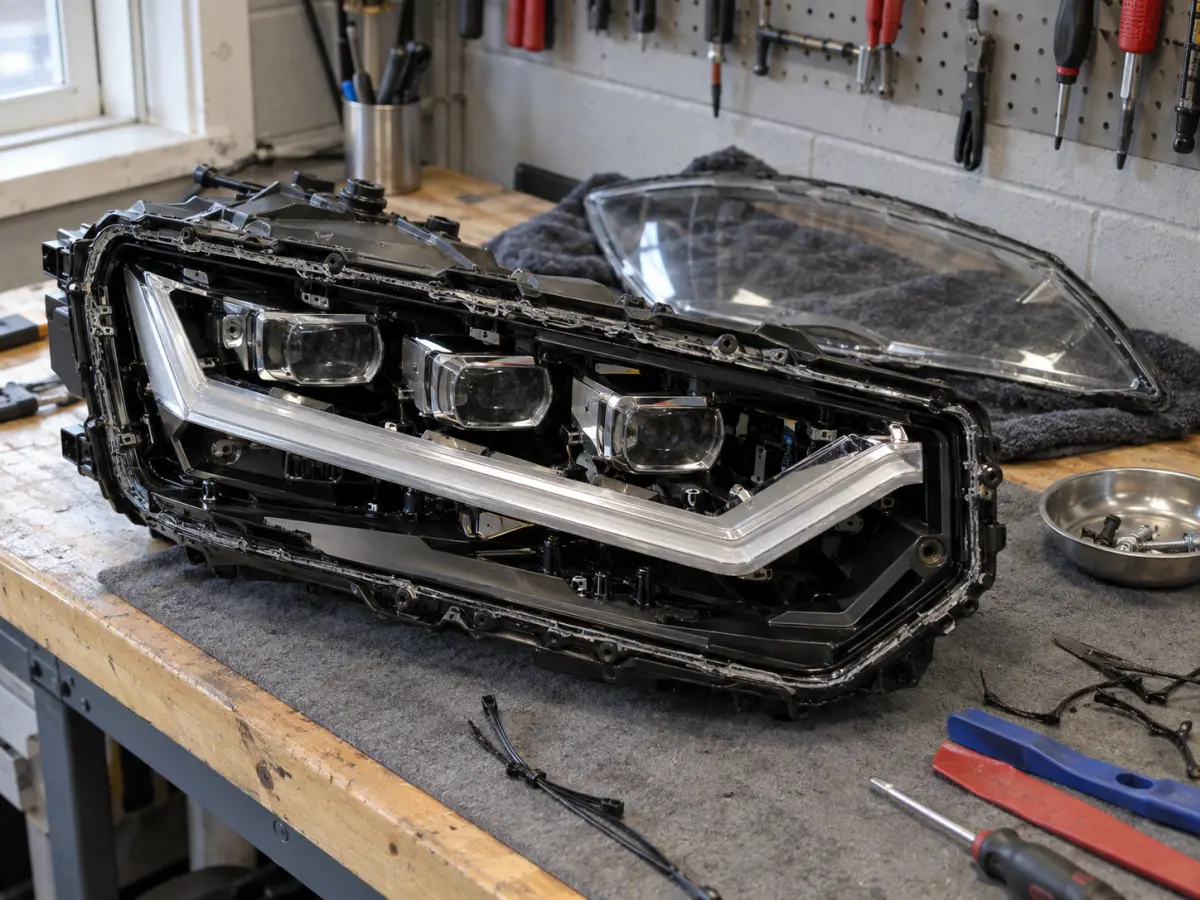 Q5 headlight on a workbench with the lens removed and the LED modules exposed