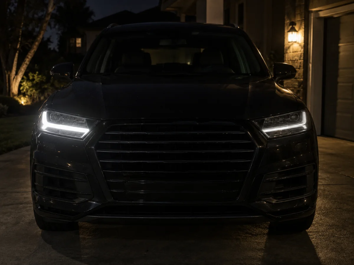 Both headlights of an Audi Q7 at night, one with a dimmer daytime running light