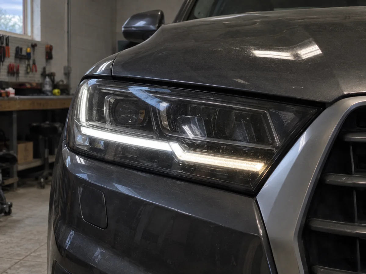 Audi Q7 headlight with a daytime running light strip that glows yellow on one section