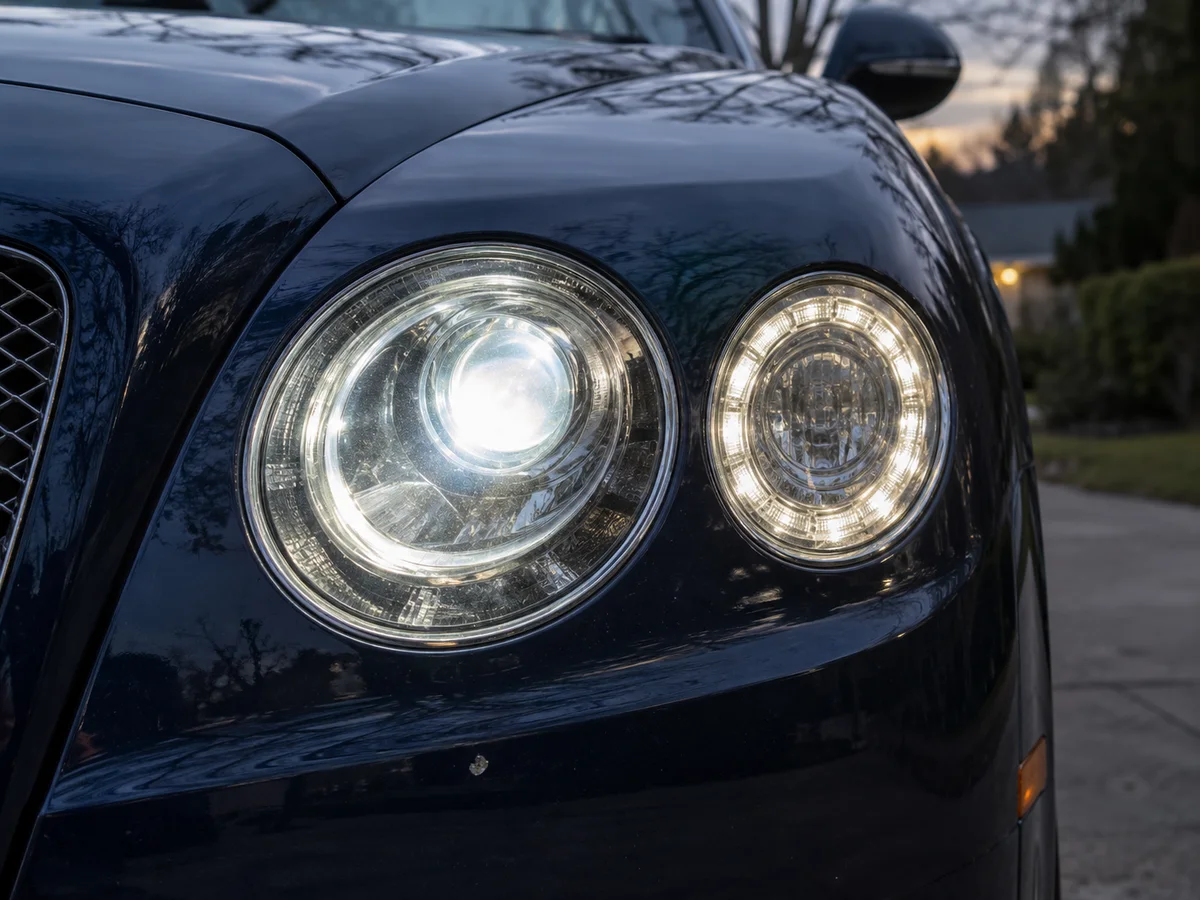 Close-up of a Bentley Continental GT headlight with its xenon low beam on
