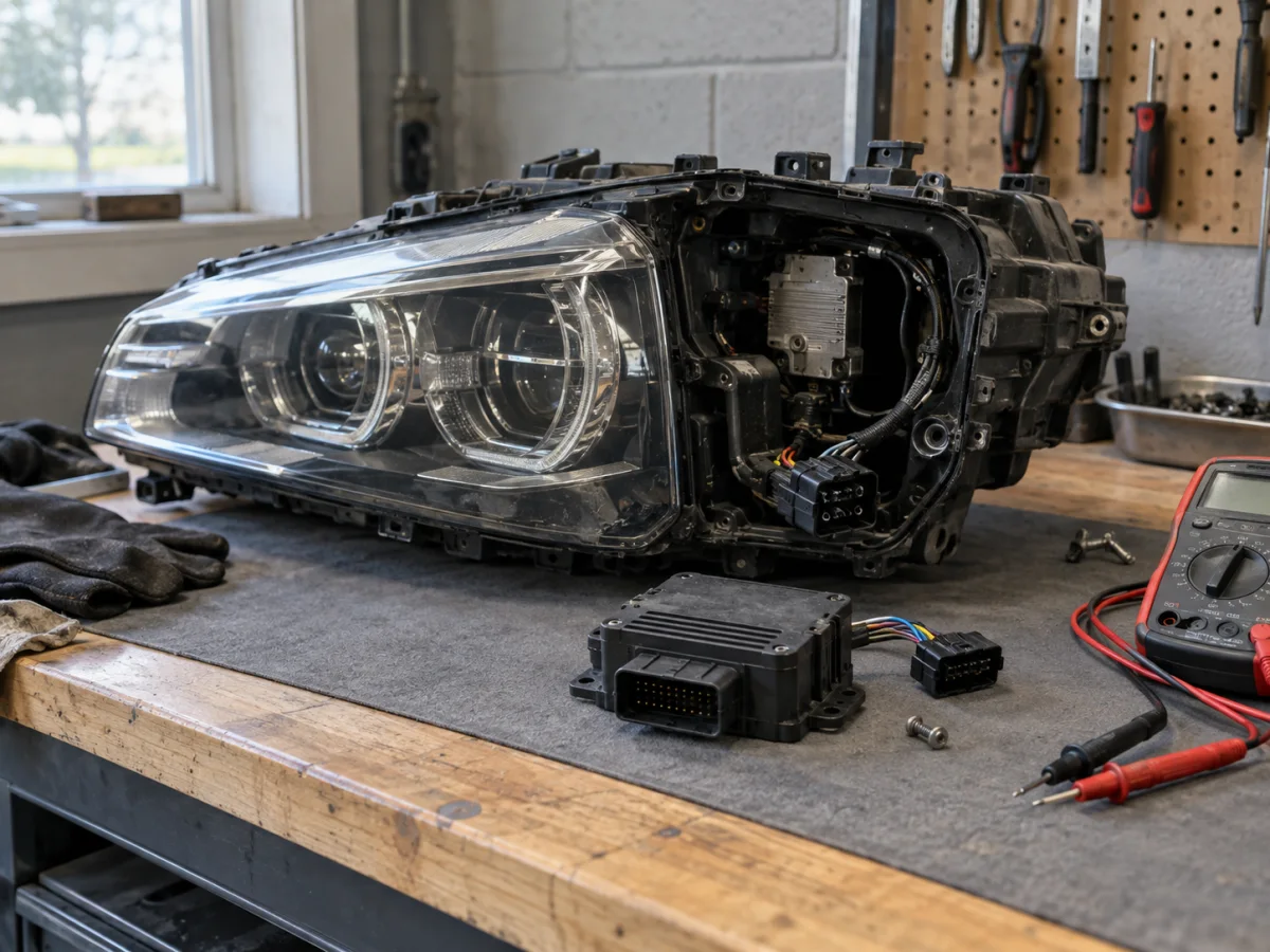 BMW adaptive headlight opened on a bench with its control module unplugged for a fault check