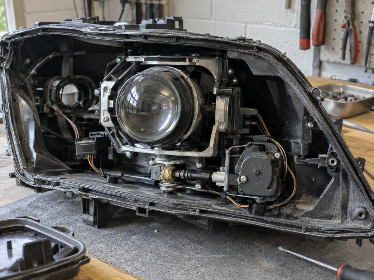 Swivel and leveling motor assembly inside a BMW headlight housing