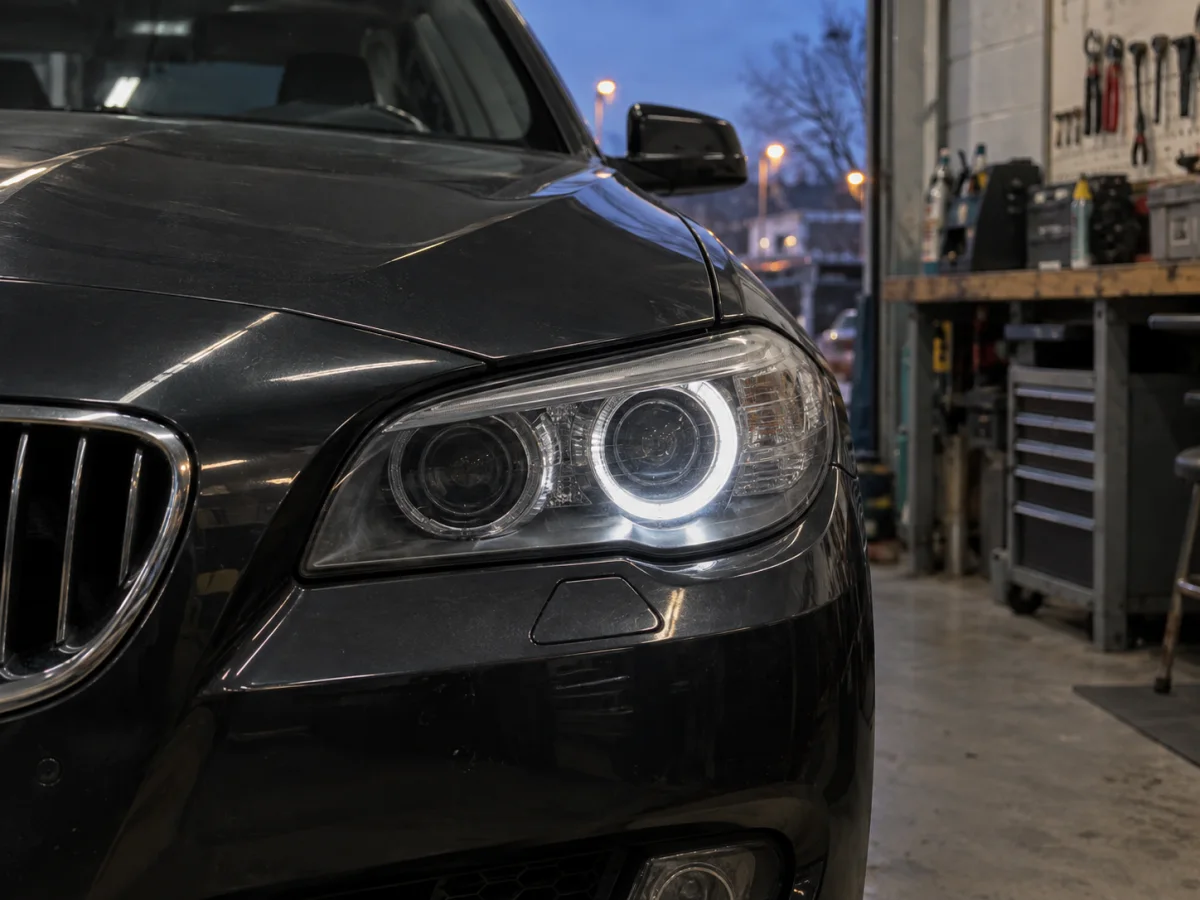 Daytime running light rings on a 5 Series F10 headlight, one of them dark