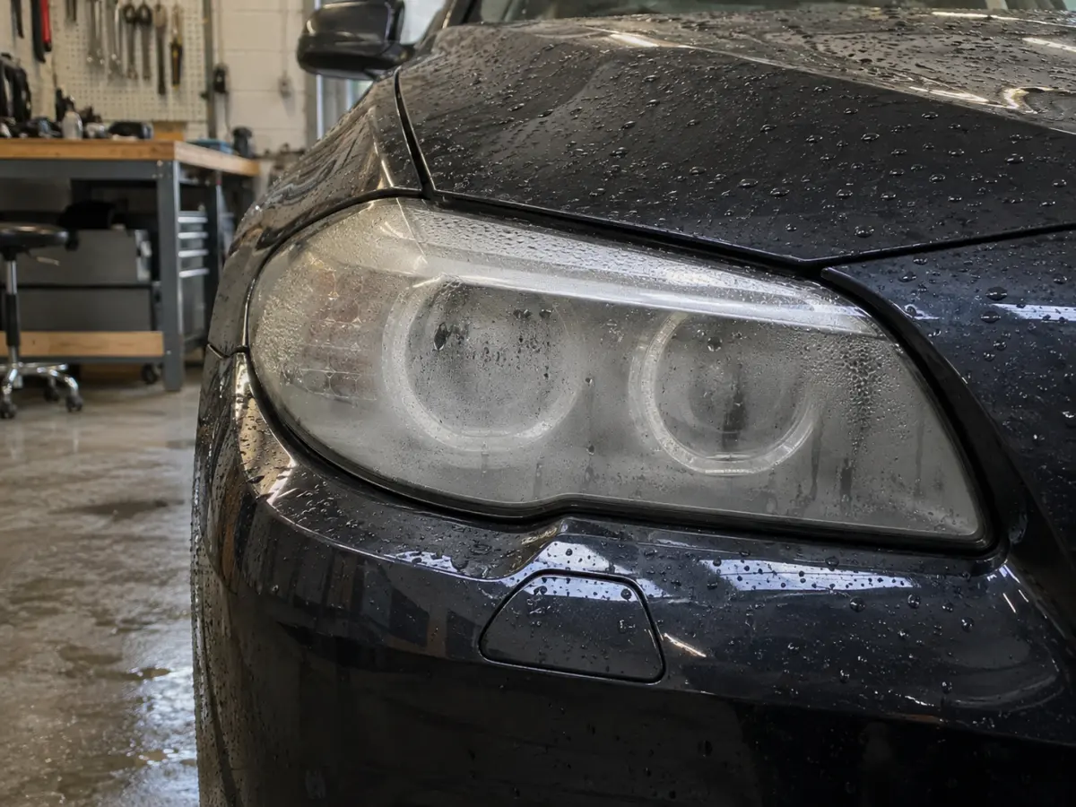 Fogged lens on a BMW 5 Series F10 headlight after rain