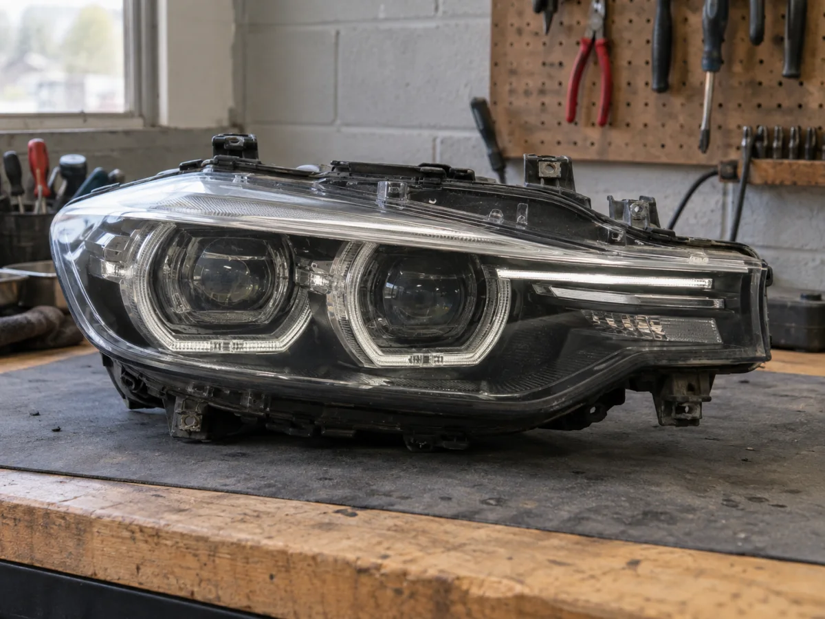 BMW 3 Series F30 LED headlight removed from the car, seen from the front